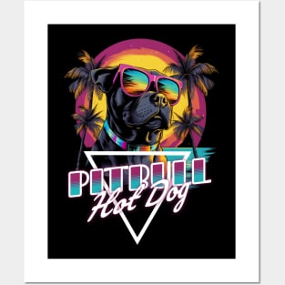 Retro Wave Pitbull Terrier Hot Dog Shirt Posters and Art